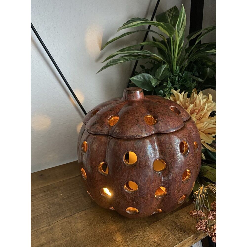 Vintage Pumpkin Flameless Ceramic Illuminations Luminary Pumpkin Rust Metallic - Picture 3 of 10